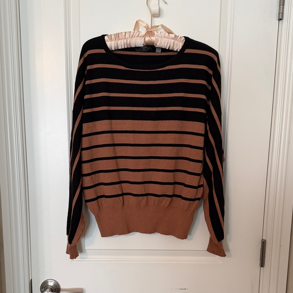 Tahari Black and Tan Striped Crew Neck Sweater